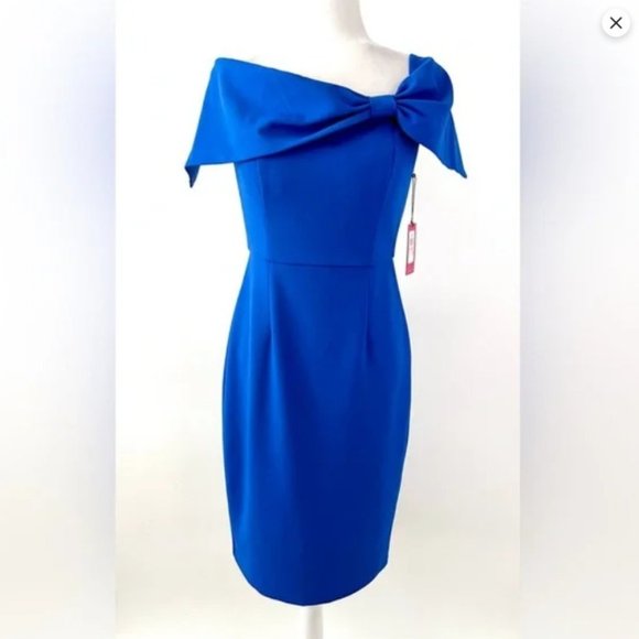 VINCE CAMUTO | Bow Collar Off the Shoulder Sheath Midi Cocktail Dress New Size 6 - Picture 2 of 11